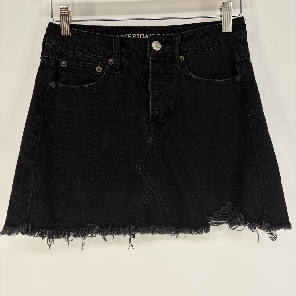 American‎ Eagle Denim Mini Skirt 0 Black Festival Frayed Hem High Rise Hi Grunge